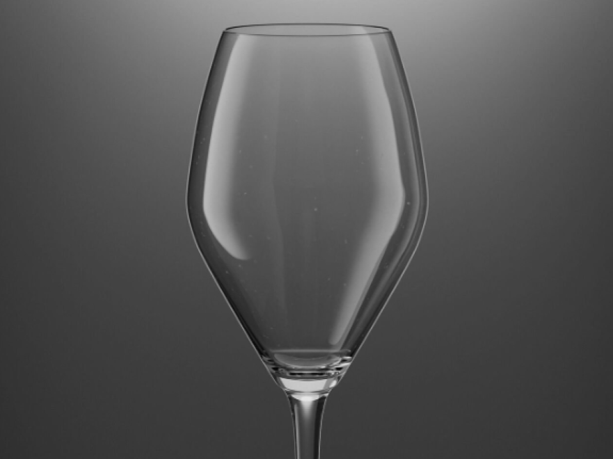 Ein klares, leeres Weinglas steht aufrecht vor einem schlichten, grauen Hintergrund mit Farbverlauf. Das Glas hat einen dünnen Stiel und eine sanft geschwungene Schale, auf deren Oberfläche subtile Reflexionen zu sehen sind.