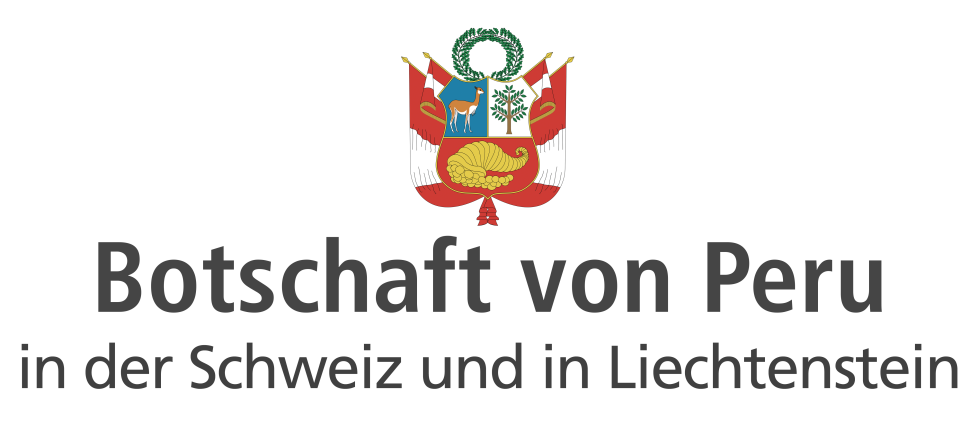 Das Wappen von Peru über dem Text: Botschaft von Peru in der Schweiz und in Liechtenstein auf hellem Grund.