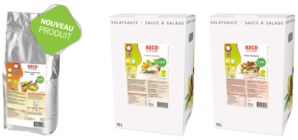 Trois grands emballages de sauces à salade sont présentés : un sachet argenté étiqueté Nouveau Produit et deux boîtes de 10 litres étiquetées French Dressing et Italian Dressing avec des images de salades sur chaque emballage.