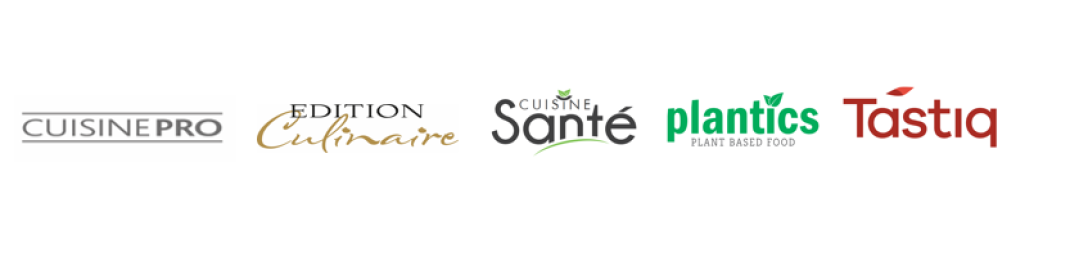 Cinq logos de marques alimentaires à la suite : CUISINE PRO, Edition Culinaire, CUSINE Santé avec une feuille, plantics avec des feuilles et "PLANT BASED FOOD", et Tastiq en texte rouge.