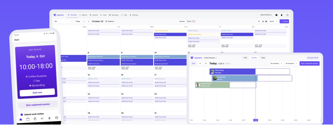 Un calendrier numérique et une interface de planification s'affichent sur l'écran d'un ordinateur et d'un téléphone portable, indiquant les événements, les tâches de l'équipe et les créneaux horaires avec un code couleur pour faciliter l'organisation dans un design moderne sur le thème du violet.