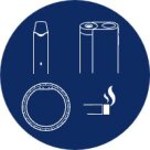 Dessins au trait en blanc d'un stylo à vape, d'une vue de dessus d'un stylo à vape, d'une cigarette et d'un cercle, le tout sur un fond circulaire bleu foncé.
