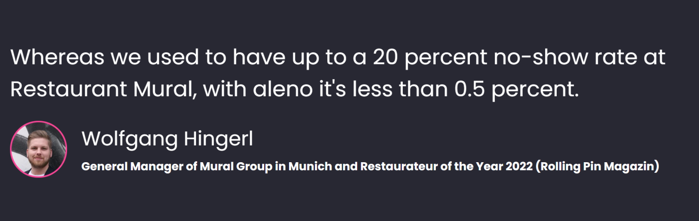 «Whereas we used to have up to a 20 percent no-show rate at Restaurant Mural, with aleno it's less than 0.5 percent», says Wolfgang Hingerl, General Manager of Mural Group in Munich and _Restaurateur of the Year 2022 (Rolling Pin Magazin).