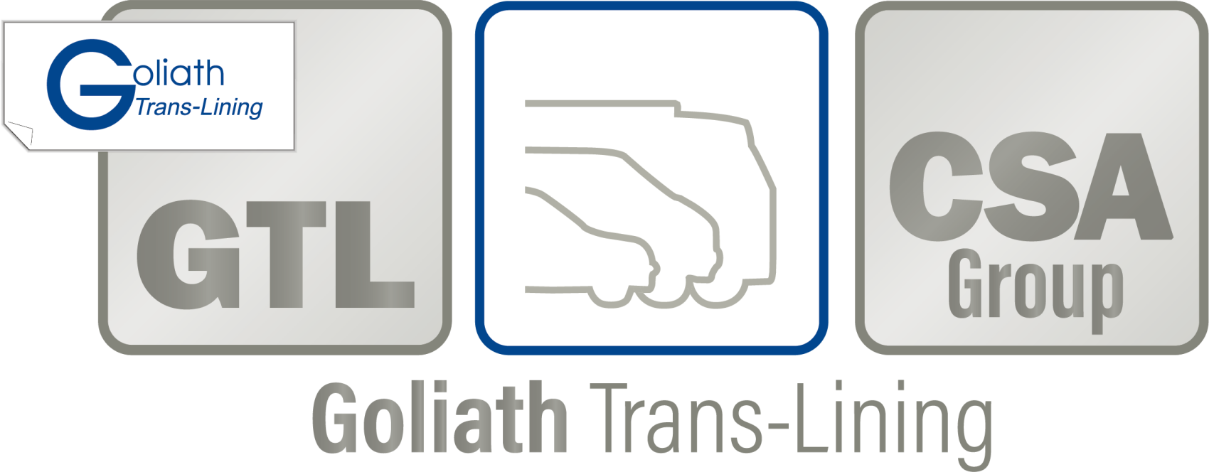 Trois carrés gris : à gauche, GTL avec un logo inséré portant l'inscription Goliath Trans-Lining ; au centre, trois camions ; à droite, CSA Group. Le texte en dessous est Goliath Trans-Lining.