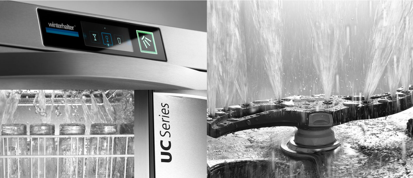 Gros plan du panneau de commande et de l'intérieur d'un lave-vaisselle industriel Winterhalter de la série UC avec des verres, à côté d'une vue détaillée de l'eau pulvérisée par le mécanisme de lavage interne du lave-vaisselle.