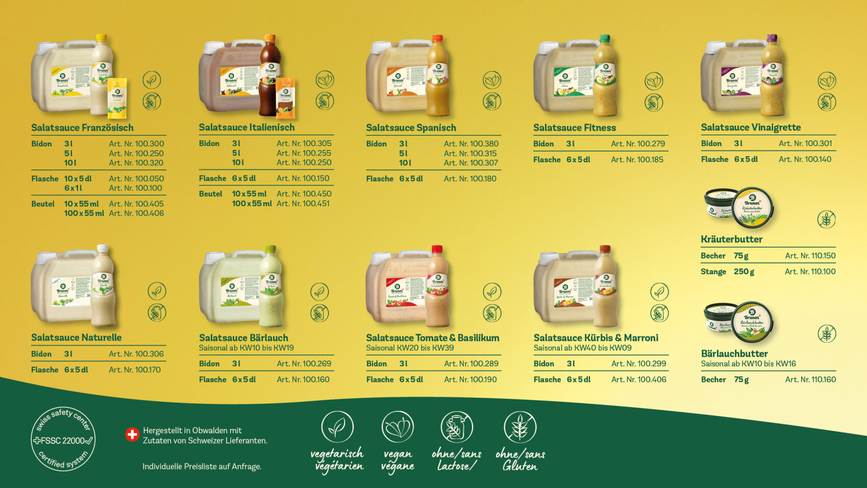 Ein Produktkatalog zeigt verschiedene Salatsaucen und Kräuterbutter in Flaschen, Kanistern und Bechern, die jeweils mit Namen und Größen beschriftet sind. Icons zeigen vegane, laktosefreie und glutenfreie Optionen auf grünem und gelbem Hintergrund an.