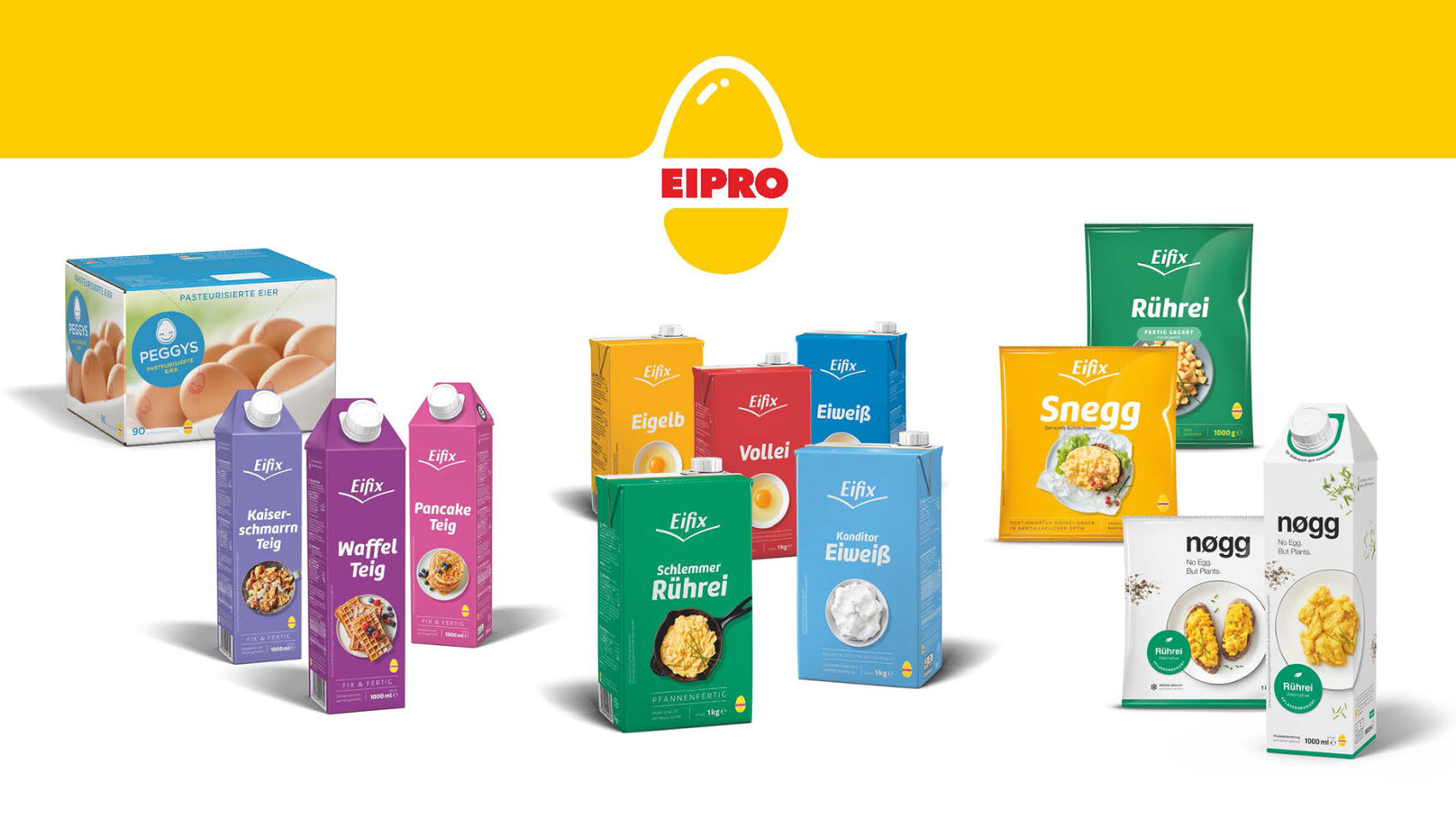Verschiedene EIPRO-Eiprodukte, darunter Kartons mit Eiern, Flüssigei-Mischungen, Rührei-Mischungen, Pfannkuchen-Mischungen und vegane Ei-Ersatzprodukte, angeordnet vor einem weiß-gelben Hintergrund mit dem EIPRO-Logo.