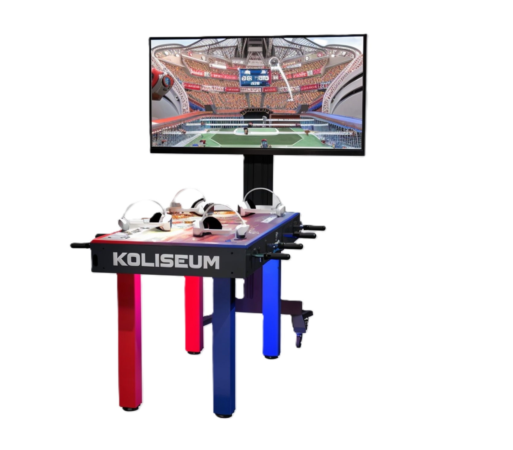 Ein digitaler Kickertisch mit der Bezeichnung KOLISEUM verfügt über vier Griffe, VR-Headsets und einen großen Monitor, der ein virtuelles Fußballstadion zeigt. Der Tisch hat rote und blaue Beine und ein modernes, technikgestütztes Design.